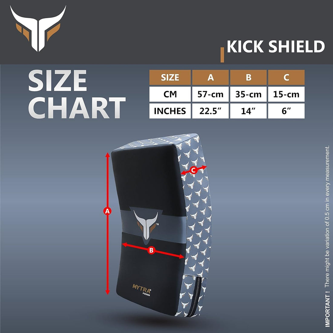 Mytra fusion kick shield, MMA, Muay thai & kick boxing kick shield size chart